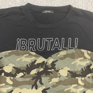 Zara "BRUTALL" Cropped Crew Neck Black Camo Sweatshirt